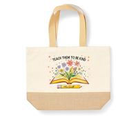 Custom End of Term Leavers Gift Jute Canvas Bag Personalised Teachers Name Teach Them to Be Kind Design Unisex, 34cm x 36cm, Natural