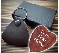 Custom Engraved Heart Shaped Wooden Guitar Plectrum Novelty Gift Pick Pendant with Leather Keyring in Presentation Gift Box (Leather Keyring, Custom)