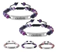 Custom Engraved Stainless Steel Bracelet - Personalized Name & Message Curved Plate Couple's Bracelet with Beads, DIY Memorial Jewelry for Women Men (2, Purple)