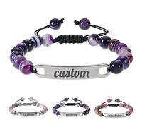 Custom Engraved Stainless Steel Bracelet - Personalized Name & Message Curved Plate Couple's Bracelet with Beads, DIY Memorial Jewelry for Women Men (1, Purple)