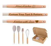 Custom Engraved Wooden Handle Silicone Spatula Set with Gift Box - Personalised with Name/Text for Baking, Cooking, BBQ - Ideal Wedding, Birthday, Corporate Gift for Home Chefs
