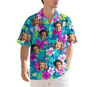 Custom Face Hawaiian Shirt for Men - Funny Personalized Tropical Beach Shirt, Summer Casual Short Sleeve, Unique Gift for Him (UK, Alpha, 3XL, Regular, Regular, Floral-5)