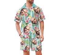 Custom Face Men's Hawaiian Shirt and Short Set Personalized 2 Pieces Funny Vacation Outfits Sets with Face (UK, Alpha, XL, Regular, Regular, #7)