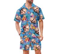 Custom Face Men's Hawaiian Shirt and Short Set Personalized 2 Pieces Funny Vacation Outfits Sets with Face (UK, Alpha, S, Regular, Regular, #18)
