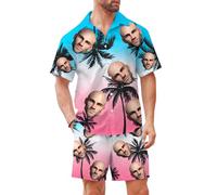 Custom Face Men's Hawaiian Shirt and Short Set Personalized 2 Pieces Funny Vacation Outfits Sets with Face (UK, Alpha, L, Regular, Regular, #14)