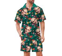 Custom Face Men's Hawaiian Shirt and Short Set Personalized 2 Pieces Funny Vacation Outfits Sets with Face (UK, Alpha, XL, Regular, Regular, #4)