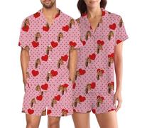 Custom Face Pyjamas Set - Personalised Photo Short Sleeve Sleepwear for Couples - Funny Custom PJs for Him and Her - Unique Gift for Birthday or Anniversary (Pink Heart)