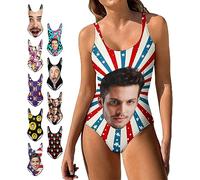Custom Face Swimsuits for Women One Piece Personalized Funny Bathing Suits with Husbands Faces for Summer Holiday, American Flag 4, Large