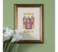 Custom Family Coat of Arms Print in gold frame. Personalised Ancestral Crest Wall Art, Historical Heraldry Home Décor, Premium Quality Frame, Perfect for Genealogy Enthusiasts