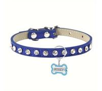 Custom Faux Leather Diamond Dog Collar Personalised Durable PU Leather Collar for Small Medium Dogs Cats Pets (Dark Blue,S)