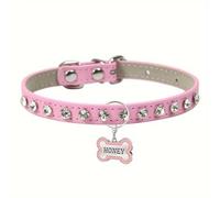 Custom Faux Leather Diamond Dog Collar Personalised Durable PU Leather Collar for Small Medium Dogs Cats Pets (Pink Color,S)