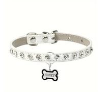 Custom Faux Leather Diamond Dog Collar Personalised Durable PU Leather Collar for Small Medium Dogs Cats Pets (White,XS)