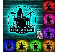 Custom Female Drummer Metal Wall Art With LED Lights Personalized Drummer Name Metal Signs Musical Room Instrument Metal Wall Decor Gift for Girl Women Drummer Music Lover Girlfriend