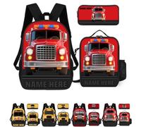 Custom Fire Truck Yellow Bus Backpack 3 Pcs Set Persoanlzied Name Firefighter Daypack Bags for Men Women Friends Family Adjustable Straps 17 inches Outdoor Travel Backpack Hiking Camping Backbag