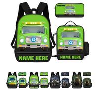 Custom Fire Truck Yellow Bus Backpack 3 Pcs Set Persoanlzied Name Firefighter Daypack Bags for Men Women Friends Family Adjustable Straps 17 inches Outdoor Travel Backpack Hiking Camping Backbag