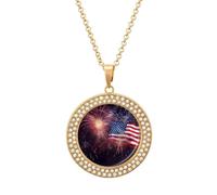 Custom Firework American Flag Picture Necklace Personalized Circle Chain Pendant Gold/Silver Photo Dog Tag Keepsake Necklaces Hip Hop Memorial Jewelry Gifts for Men Women, One Size, Titanium Steel