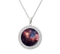 Custom Firework American Flag Picture Necklace Personalized Circle Chain Pendant Gold/Silver Photo Dog Tag Keepsake Necklaces Hip Hop Memorial Jewelry Gifts for Men Women, One Size, Titanium Steel
