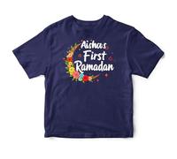 Custom First Ramadan Baby T Shirt for Girls Floral Half Moon Custom 1st Keepsake Eid Gift Babies Toddlers Tee, 12-18 Months, Navy