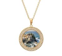 Custom Fishing Village Picture Necklace Personalized Circle Chain Pendant Gold/Silver Photo Dog Tag Keepsake Necklaces Hip Hop Memorial Jewelry Gifts for Men Women, One size, Titanium Steel