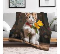 Custom Flannel Fleece Throw Blanket for Adults 50x60 Lightweight Kitten Hugging A Flower Bedtime Blanket Soft Warm Blankets for Bed Couch Sofa Camping Picnic Wedding Gift Winter Home Deco