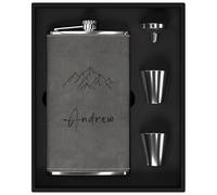 Custom Flask Gift Set for Men 12 oz, 304 Steel Stainless Personalised Hip Flask for Whiskey Alcohol, Large Engraved Flask with Mountain Icon for Hunting Travel Hiking Climbing (Grey)