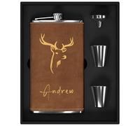 Custom Flask Gift Set for Men 12 oz, 304 Steel Stainless Personalised Hip Flask for Whiskey Alcohol, Large Engraved Flask with Deer Icon for Hunting Travel Hiking Climbing (Brown)