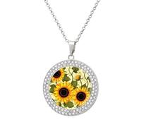 Custom Floral Sunflower Picture Necklace Personalized Circle Chain Pendant Gold/Silver Photo Dog Tag Keepsake Necklaces Hip Hop Memorial Jewelry Gifts for Men Women, One size, Titanium Steel