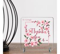 Custom Floral Thank You Square Plaque on Stands - Personalised To From Message - Appreciation Gift for Friends Family Teachers Neighbours Care Givers and More! (Pink Blossom, Acrylic)