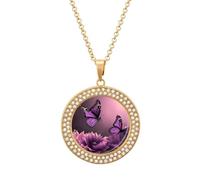 Custom Flowers And Purple Butterfly Picture Necklace Personalized Circle Chain Pendant Gold/Silver Photo Dog Tag Keepsake Necklaces Hip Hop Memorial Jewelry Gifts for Men Women, One size, Titanium