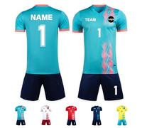 Custom Football Jerseys for Adult Kids Men Women Youths Personalised Football Uniform Shirt and Shorts with Number Name Logo Team Cyan