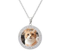Custom Funny Pet Cat Picture Necklace Personalized Circle Chain Pendant Gold/Silver Photo Dog Tag Keepsake Necklaces Hip Hop Memorial Jewelry Gifts for Men Women, One Size, Titanium Steel, Rhinestone