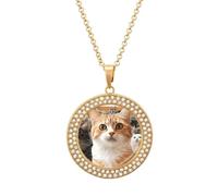 Custom Funny Pet Cat Picture Necklace Personalized Circle Chain Pendant Gold/Silver Photo Dog Tag Keepsake Necklaces Hip Hop Memorial Jewelry Gifts for Men Women, One Size, Titanium Steel, Rhinestone
