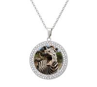 Custom Funny Zebra Picture Necklace Personalized Circle Chain Pendant Gold/Silver Photo Dog Tag Keepsake Necklaces Hip Hop Memorial Jewelry Gifts for Men Women, One size, Titanium Steel, Rhinestone