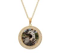 Custom Funny Zebra Picture Necklace Personalized Circle Chain Pendant Gold/Silver Photo Dog Tag Keepsake Necklaces Hip Hop Memorial Jewelry Gifts for Men Women, One size, Titanium Steel, Rhinestone