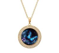 Custom Galaxy Blue Butterfly Picture Necklace Personalized Circle Chain Pendant Gold/Silver Photo Dog Tag Keepsake Necklaces Hip Hop Memorial Jewelry Gifts for Men Women, One Size, Titanium Steel