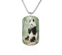 Custom Giant Pandas Eating Bamboo Dog Tag Necklace 23.6" Chain Personalized Photo Pendant for Men Women Stainless Steel Memorial Picture Couple Necklace Jewelry Keepsake Bereavement Sympathy Gifts