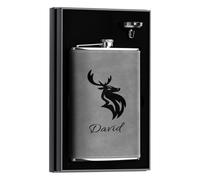 Custom Gift with Deer Antlers Icon, 12 oz Personalized Hip Flask for Men, Stainless Steel Large Engraved Flask for Hunting Travel Hiking Climbing, Grey