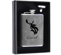 Custom Gift with Deer Antlers Icon, 8 oz Personalized Hip Flask for Men, Stainless Steel Engraved Flask for Hunting Travel Hiking Climbing, Grey