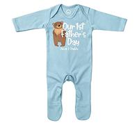Custom Gifts From Son - Baby Boys Our 1st Fathers Day CUSTOM NAME Bear Romper Suit - Personalised Fathers Day Birthday Gift For Baby - Cute Unique First Fathers Day Present, 0-3 Months, Light Blue
