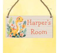 Custom Girls Hanging Room Name Plaque | Personalised Kids Bedroom Sign | Fairies Rainbows Unicorns Princess Mermaid Ballet Bedroom Décor (Yellow Dinosaur)