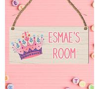 Custom Girls Hanging Room Name Plaque | Personalised Kids Bedroom Sign | Fairies Rainbows Unicorns Princess Mermaid Ballet Bedroom Décor (Crown)