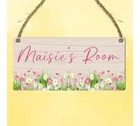 Custom Girls Hanging Room Name Plaque | Personalised Kids Bedroom Sign | Fairies Rainbows Unicorns Princess Mermaid Ballet Bedroom Décor (Flowers)