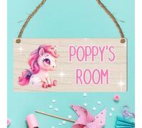 Custom Girls Hanging Room Name Plaque | Personalised Kids Bedroom Sign | Fairies Rainbows Unicorns Princess Mermaid Ballet Bedroom Décor (Pink Unicorn)