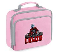 Custom Go Karting Lunch Cooler Bag, Boys Back to School Gifts, Custom Bags for Kids Who Loves Go Karting, Primary or Nuresery Girls Lunch Bags, Childs Lunch Box, 24cm x 20cm x 8cm, Pink