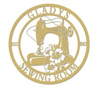 Custom Gold Sewing Machine Metal Sign - Personalized Quilting Room Name Plaque with Floral Design | Laser Cut & UV Printed Vintage Style Metal Wall Art for Sewing, Craft, or Art Studio