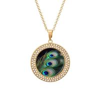 Custom Green Peacock Feather Picture Necklace Personalized Circle Chain Pendant Gold/Silver Photo Dog Tag Keepsake Necklaces Hip Hop Memorial Jewelry Gifts for Men Women, One size, Titanium Steel