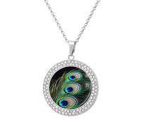 Custom Green Peacock Feather Picture Necklace Personalized Circle Chain Pendant Gold/Silver Photo Dog Tag Keepsake Necklaces Hip Hop Memorial Jewelry Gifts for Men Women, One size, Titanium Steel