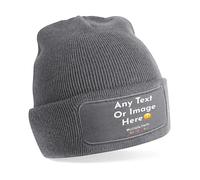 Custom Grey Patch Beanie Hat - Personalised Beanie Hats for adult Custom Hat with Logo, Customised Gifts Christmas Birthday