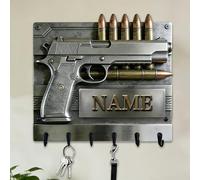 Custom Gun Bullet Themed Wall Hooks for Men Husband Grandpa Dad Personalized Name Pistol Bullet 2D Flat Print Gun Equipment Wall Mounted Key Rack Firearm-Themed Coat Holder for Bedroom Man Cave Carage