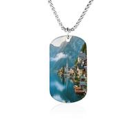 Custom Hallstatt Lakeside Town Dog Tag Necklace 23.6" Chain Personalized Photo Pendant for Men Women Stainless Steel Memorial Picture Couple Necklace Jewelry Keepsake Bereavement Sympathy Gifts